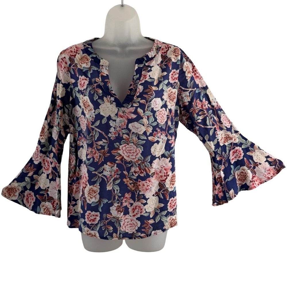 Porophrase Tunic Top Womens Small Blue Floral Bell Sleeve Rayon Boho V Neck